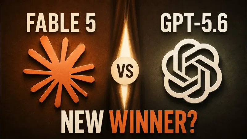 Split screen comparison graphic of GPT-5.6 and Fable 5 racing on a digital track representing the AI benchmark competition.