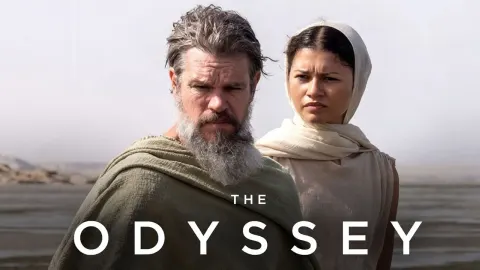Matt Damon as Odysseus in The Odyssey 2026 standing on a Greek ship