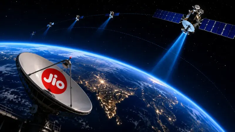 Reliance Jio's 1,600-LEO satellite constellation network connecting an Indian city skyline