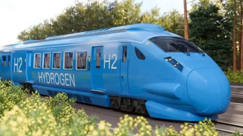 NaMo Green Rail hydrogen train with passenger coaches at a Haryana railway platform