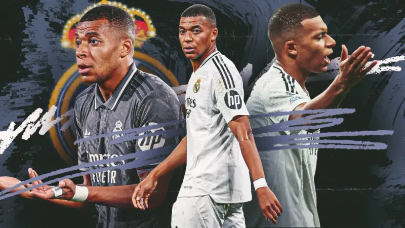 Kylian Mbappé sprinting for Real Madrid in a football match