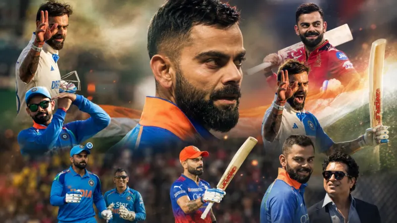 Virat Kohli at an international cricket stadium holding a bat