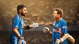 Virat Kohli vs Sachin Tendulkar batting comparison portrait in an Indian cricket stadium