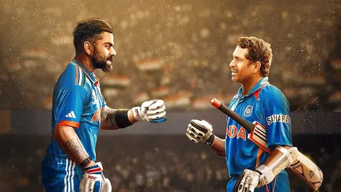 Virat Kohli vs Sachin Tendulkar batting comparison portrait in an Indian cricket stadium