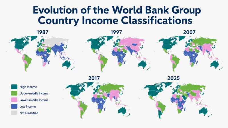 Economist reviewing World Bank Group Country Income Classifications on a global data map