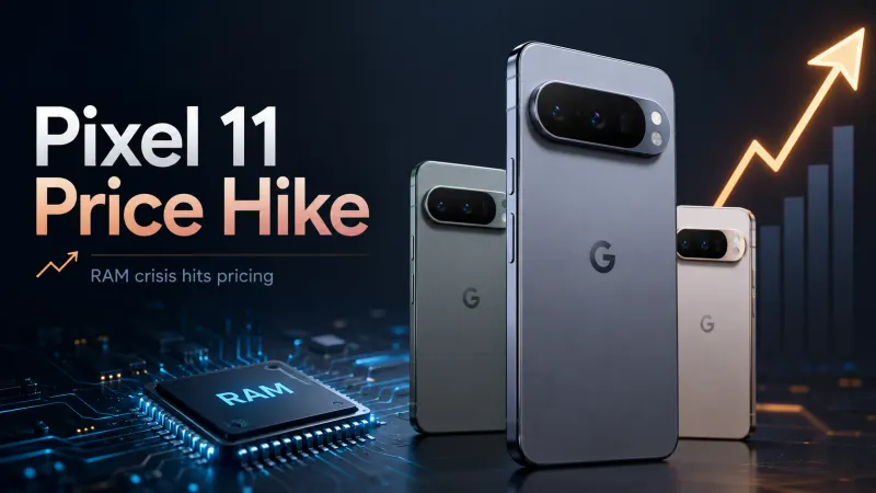 Google Pixel 11 Pro with price increase indicator and RAM chips showing cost surge