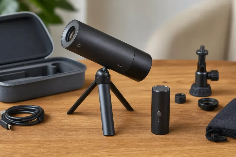 A close-up of the Dwarf Mini telescope showing the USB-C port and battery indicator.