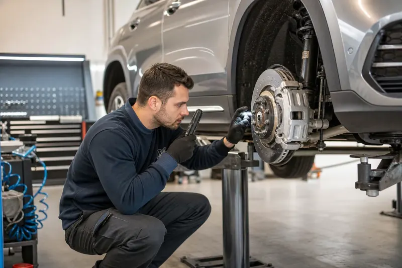 A close-up of the hybrid Mercedes GLA's brake system during dynamic testing