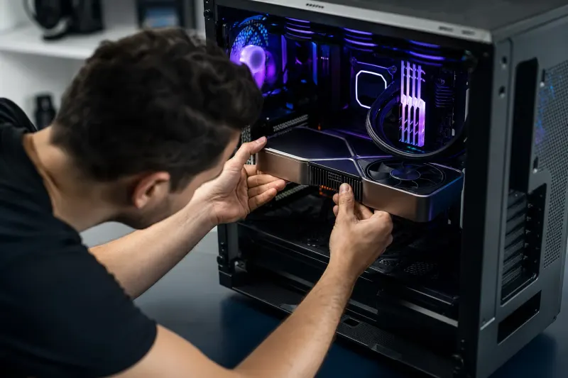 A technician adjusting the Nvidia RTX 3090 graphics card mounted in a custom PC setup with open panel and cables visible.
