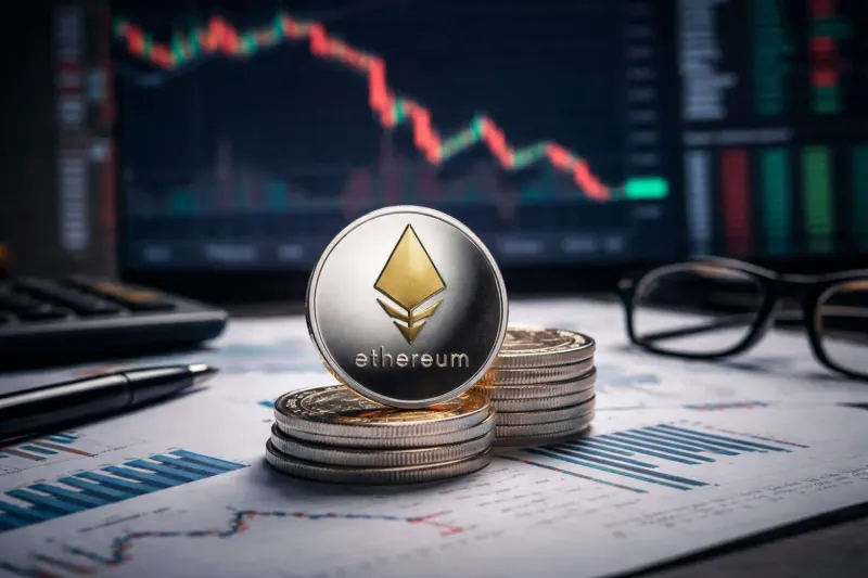 A trader analyzing data from various market sources, with a focus on Ethereum-related assets.