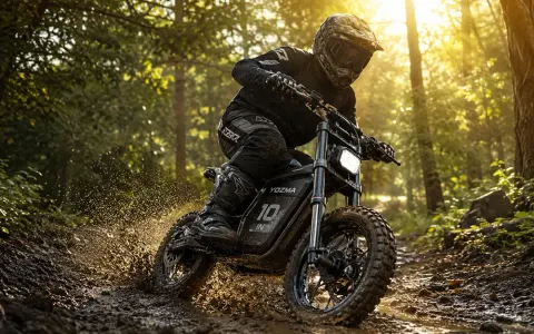 Yozma IN 10 electric mini dirt bike on forest trail during summer sale