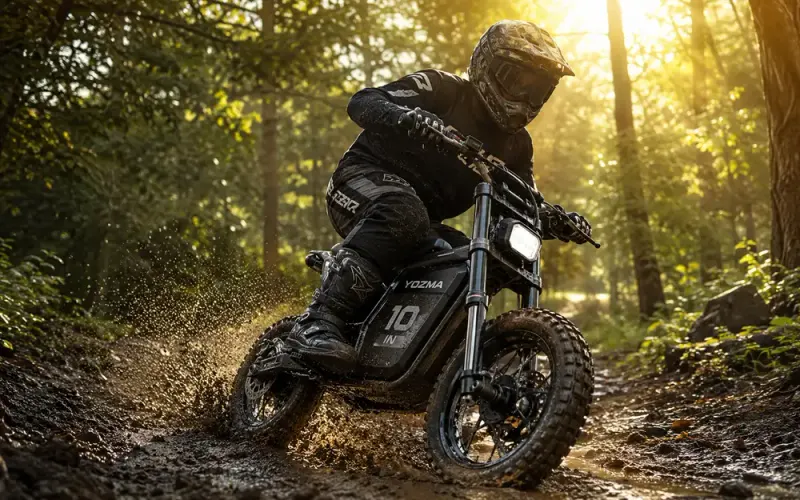 Yozma IN 10 electric mini dirt bike on forest trail during summer sale