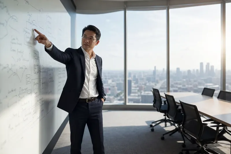 an executive presenting AI strategy details using a digital whiteboard