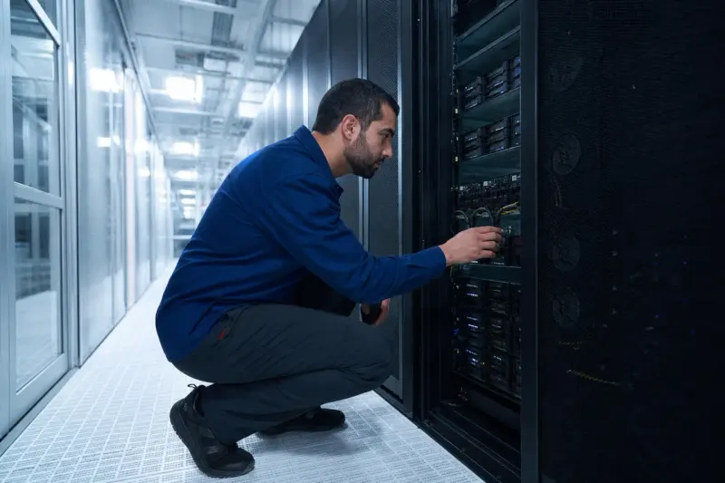 a technician examining a physical server setup with AI security analytic tools
