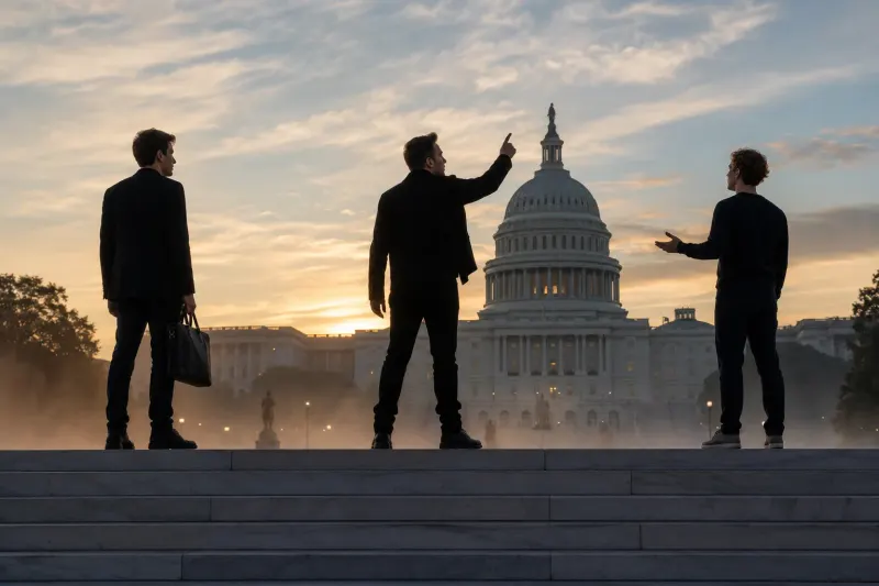 US Capitol at dawn with three tech leader silhouettes representing Altman, Musk, and Zuckerberg debating AI regulation