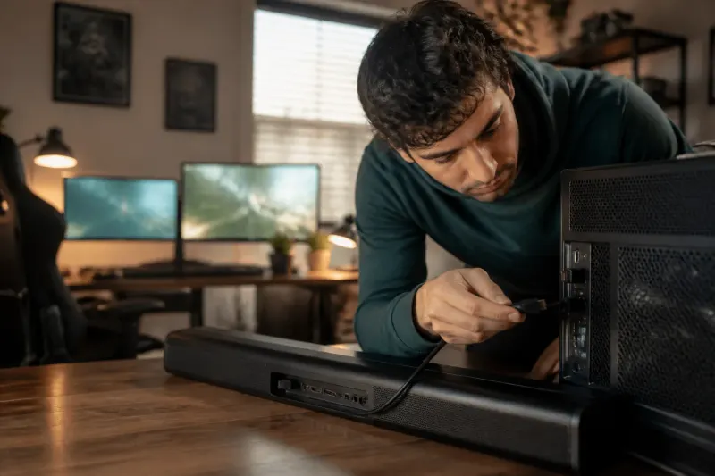 A gamer setting up a new soundbar with a desktop computer and monitor.