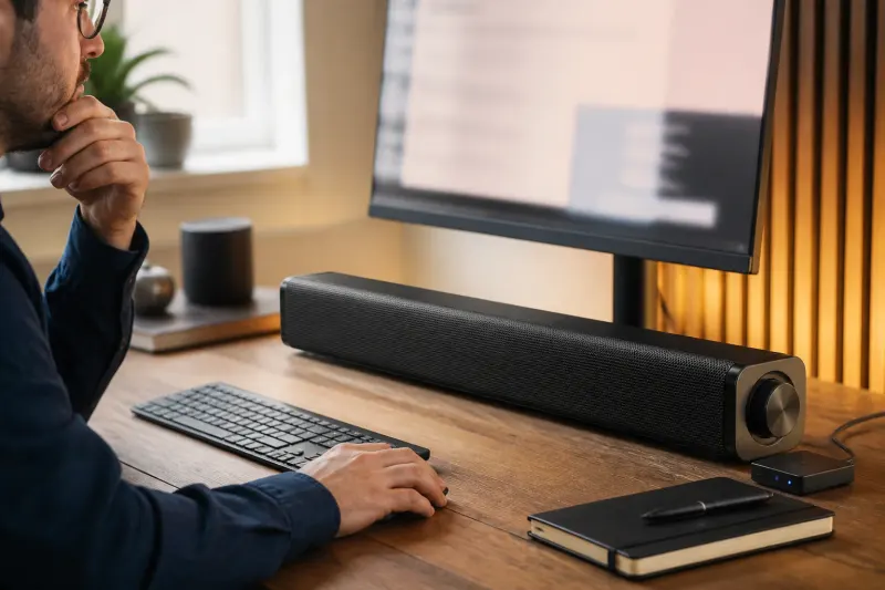 A Bluetooth adapter connected to a desktop PC, with a soundbar in use.