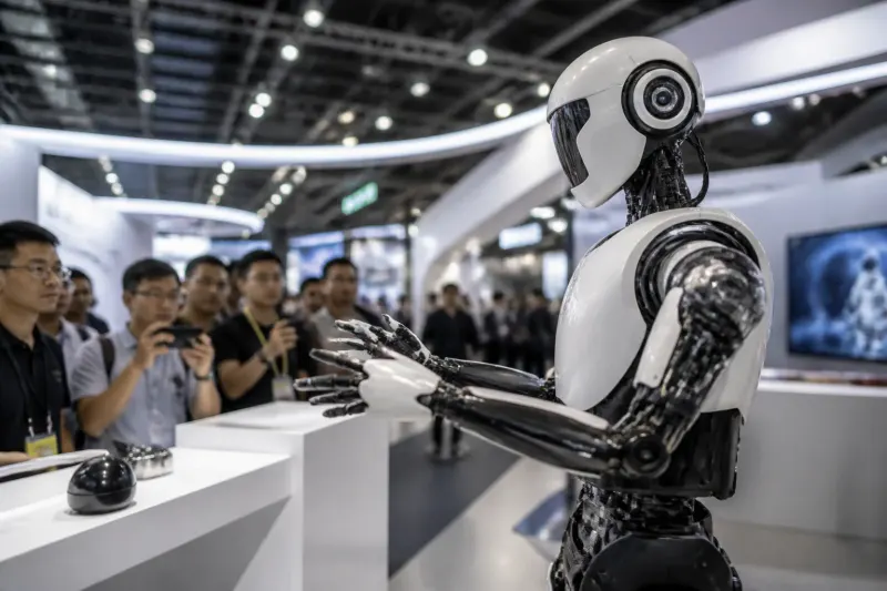 A humanoid robot demonstrating capabilities at a robotics event