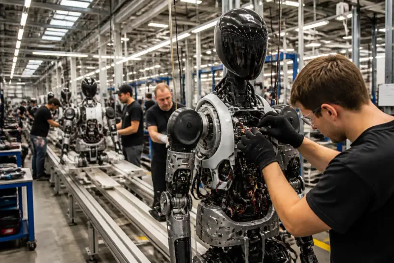 A group of robots and machinery in a robotics production facility