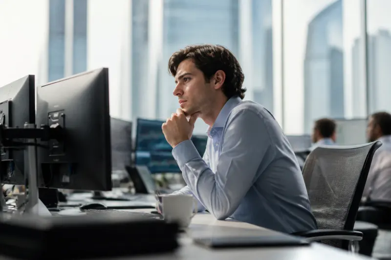 A young hedge fund manager evaluating stock trends on a screen.