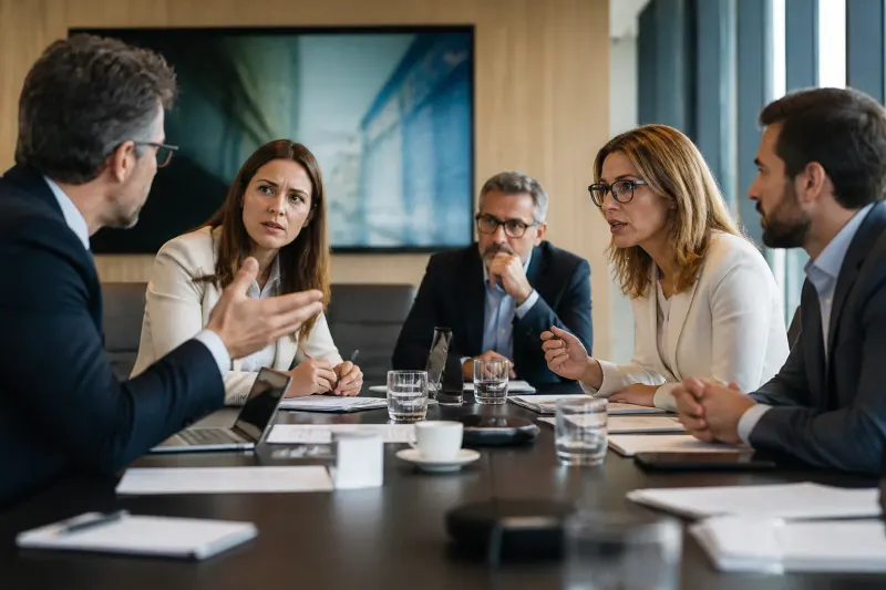 Discussion among investors in a boardroom about financial strategies.