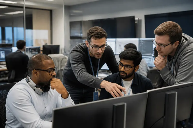 A group of engineers collaborate on patching software in a tech office.