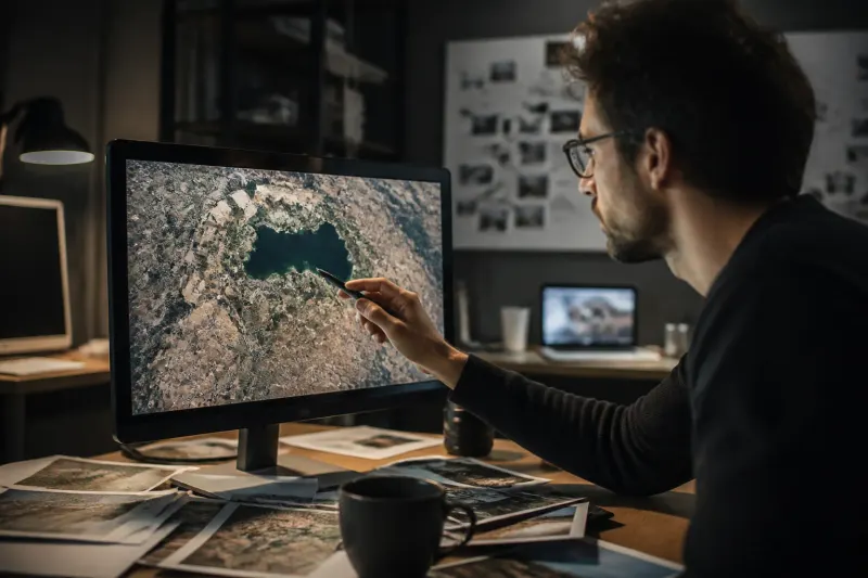 A screen displaying Google Maps with manipulated satellite images of a cityscape.