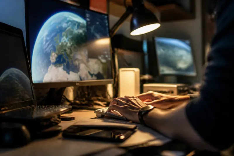 A close-up of a user typing on a keyboard, nearly obscured satellite images on screen.