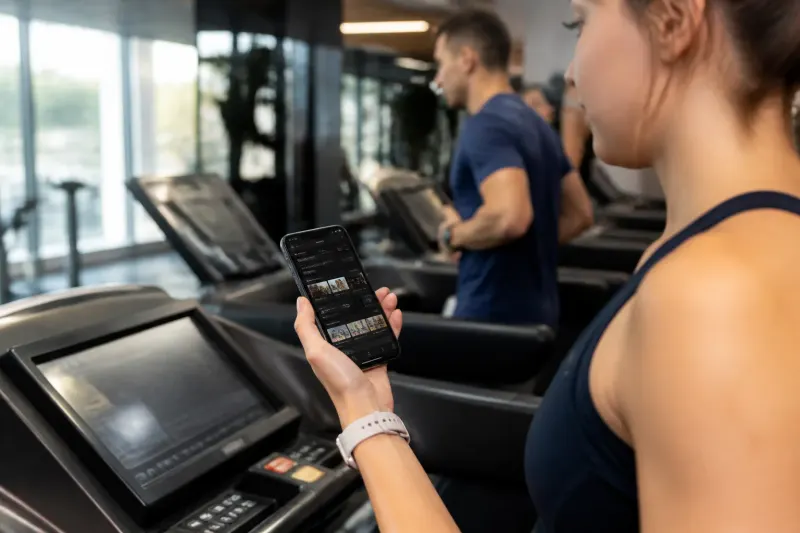 Treadmill syncing with a fitness app on a phone