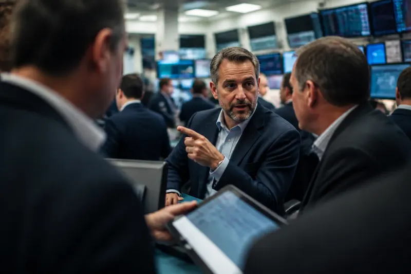 A crowded trading floor with focused investors studying screens.