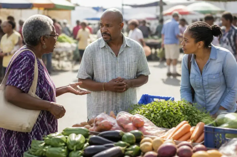 A bustling marketplace where consumers discuss rising inflation issues.