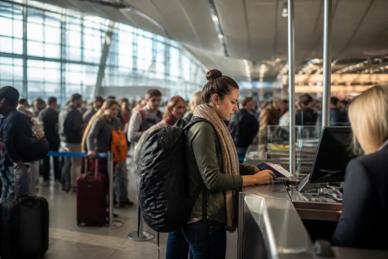 Passengers at an airport checking in for flights during peak travel season.