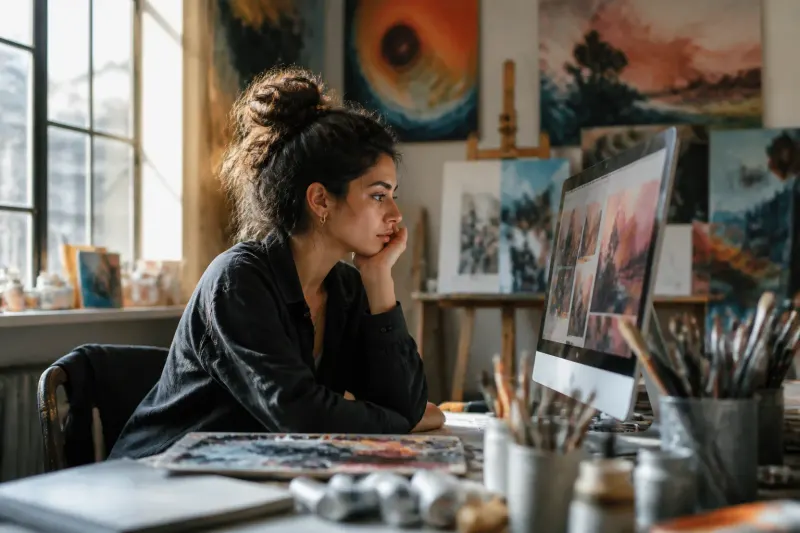 An artist's studio with various artworks displayed.