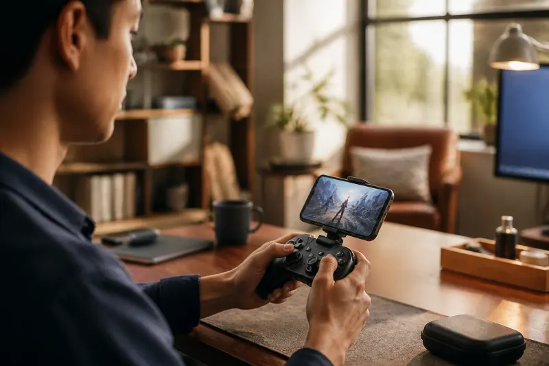 A SteelSeries Stratus+ wireless controller on a wooden surface with a smartphone mounted.