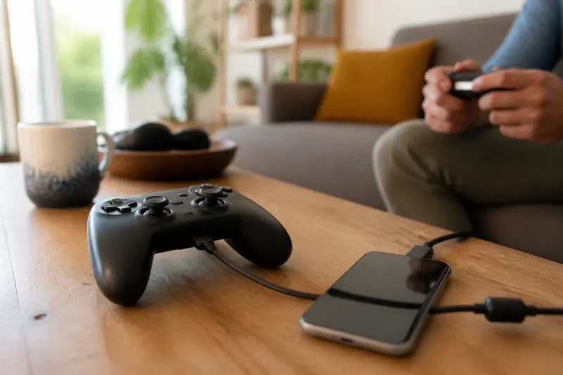 A SteelSeries Stratus+ controller alongside a smartphone displaying battery levels.