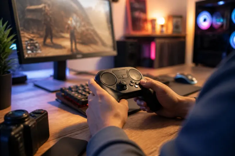 A close-up view of Valve's new Steam Controller on a gaming desk, with vibrant colors and RGB lighting in the background.