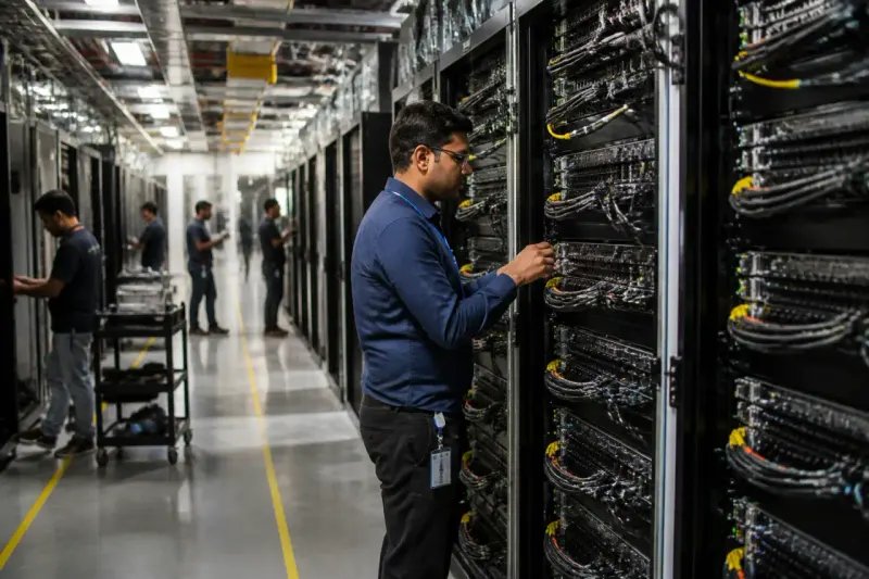 Wide shot of Yotta's Navi Mumbai data center campus with GPU equipment