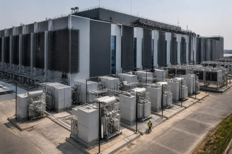 An exterior view of Yotta's Navi Mumbai facility with power infrastructure