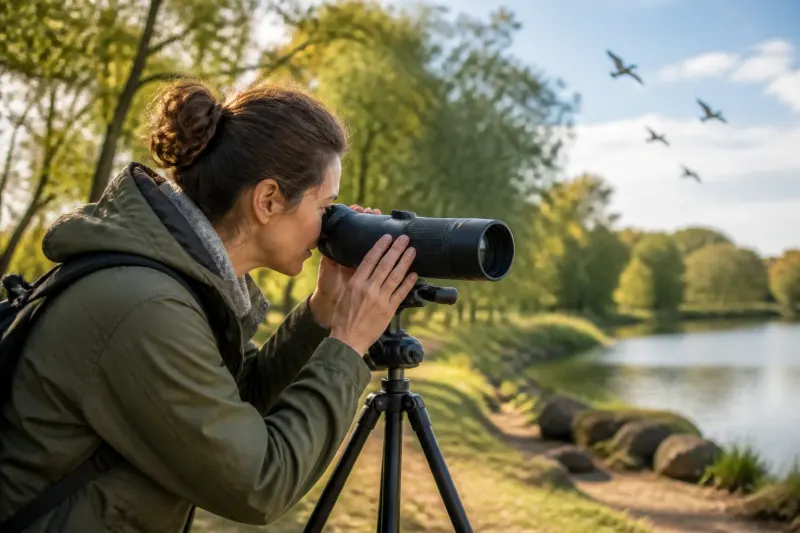 A person using the GoBirding Vision Master AI spotting scope to observe birds in a natural setting.