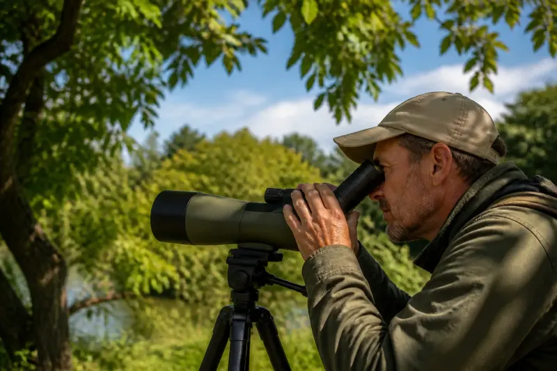 A birdwatcher looking through the GoBirding Vision Master spotting scope in a natural setting.