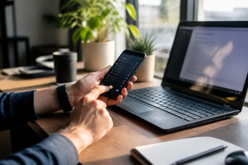 A smartphone in a user's hand connects to their laptop screen, showing notifications, with a minimalistic workspace background.