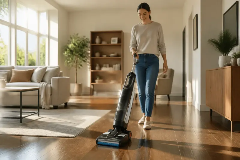 A Tefal X-Clean 7 being used to clean hardwood floors with a bright LED display visible.