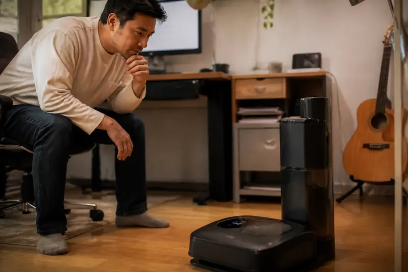 A user interacting with the Tefal X-Clean 7, checking LED prompts.