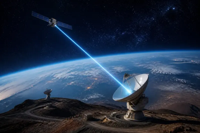 Visual representation of lasers transmitting data from satellites in space to Earth.