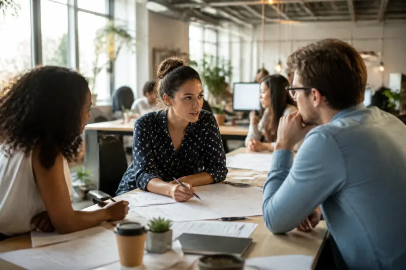 A small group of office workers collaborating around a desk with the Beelink EQi Mini PC.