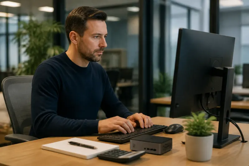 An office worker using the Beelink EQi Mini PC for productivity tasks.