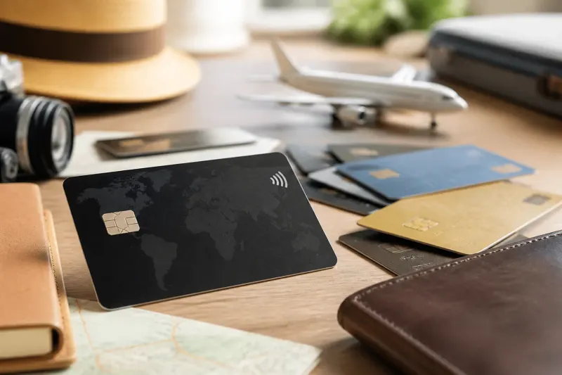 Travel rewards graphic with different credit card logos