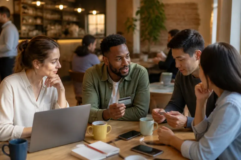 Coffee shop scene with individuals discussing finance