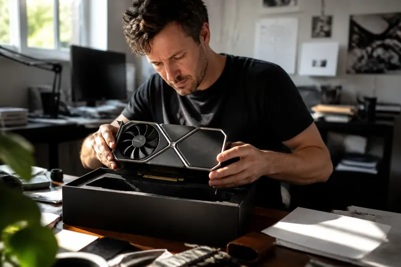 A computer graphics card sits in its packaging on a desk, with a partially opened order confirmation email visible in the background.