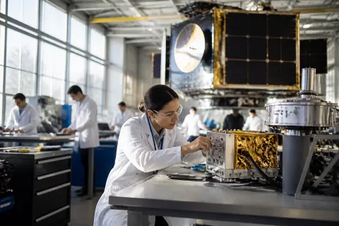 A modern satellite manufacturing facility in California with engineers at work.